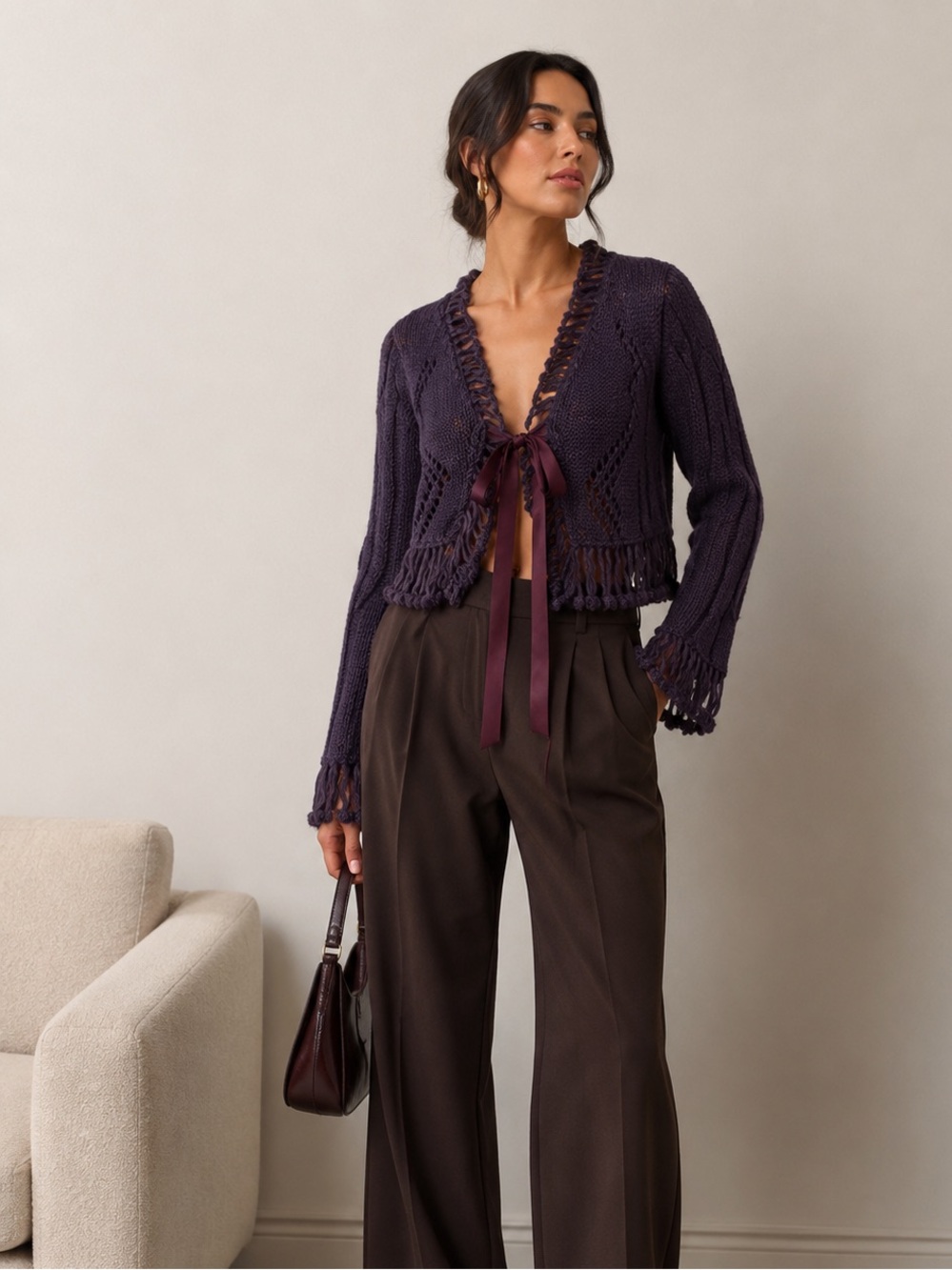 Made in Italy Fringe Knit Cardigan Sweater Satin Tie Purple Boho